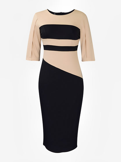 Colorblock Round Neck 3/4 Sleeves Sheath Dress