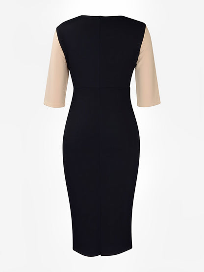 Colorblock Round Neck 3/4 Sleeves Sheath Dress