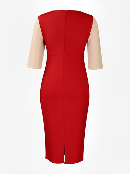Colorblock Round Neck 3/4 Sleeves Sheath Dress