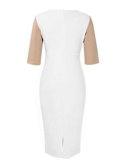 Colorblock Round Neck 3/4 Sleeves Sheath Dress