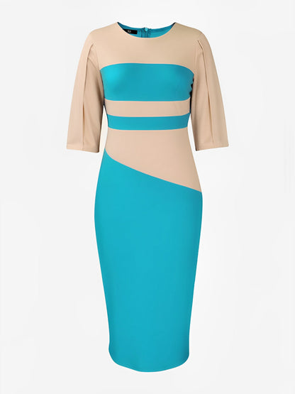 Colorblock Round Neck 3/4 Sleeves Sheath Dress