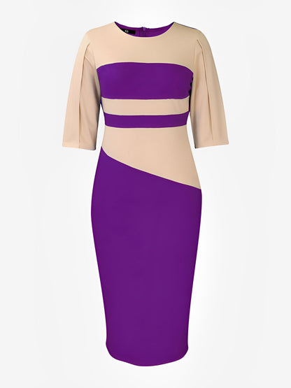 Colorblock Round Neck 3/4 Sleeves Sheath Dress