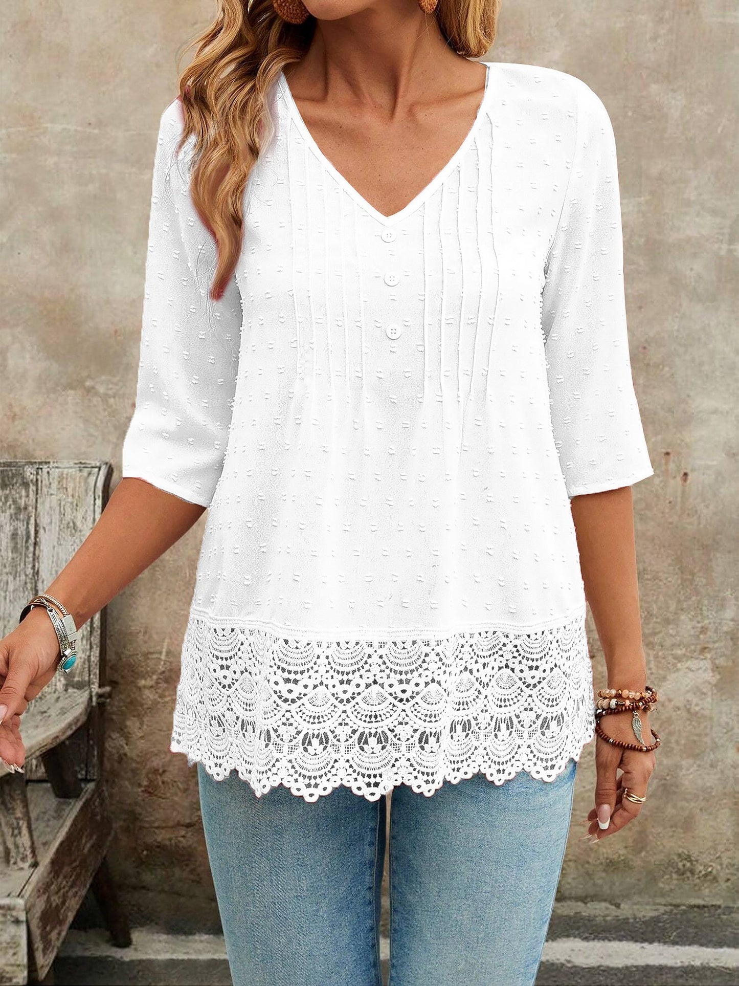 Swiss Dots Lace V Neck 3/4 Sleeves Pleated Blouse