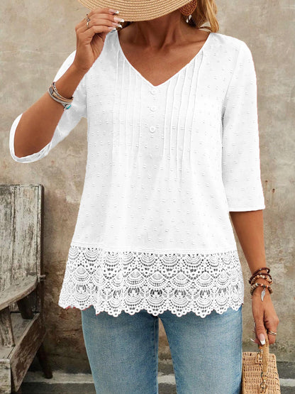 Swiss Dots Lace V Neck 3/4 Sleeves Pleated Blouse
