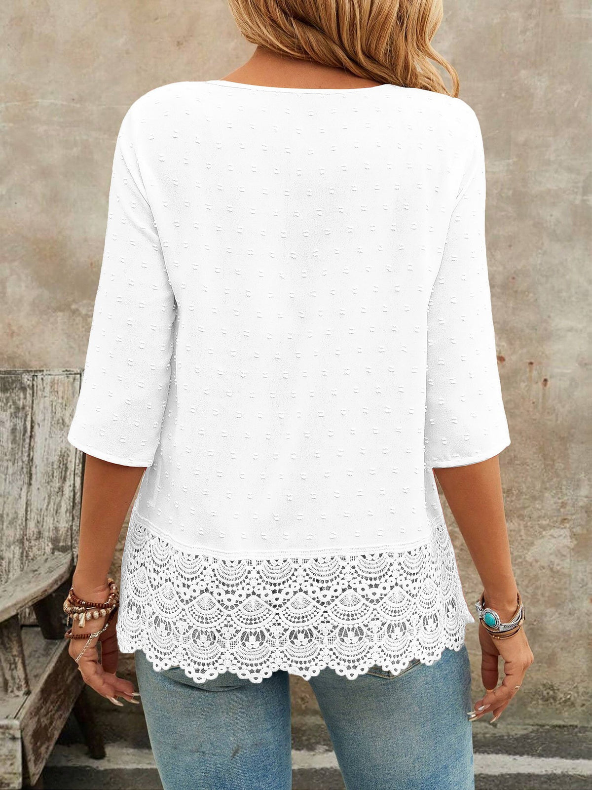 Swiss Dots Lace V Neck 3/4 Sleeves Pleated Blouse