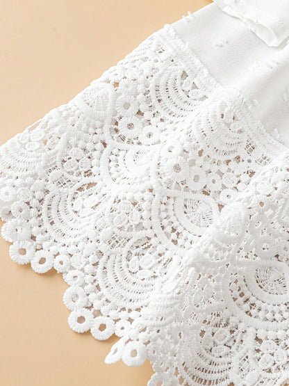 Swiss Dots Lace V Neck 3/4 Sleeves Pleated Blouse