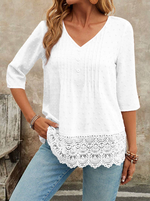 Swiss Dots Lace V Neck 3/4 Sleeves Pleated Blouse