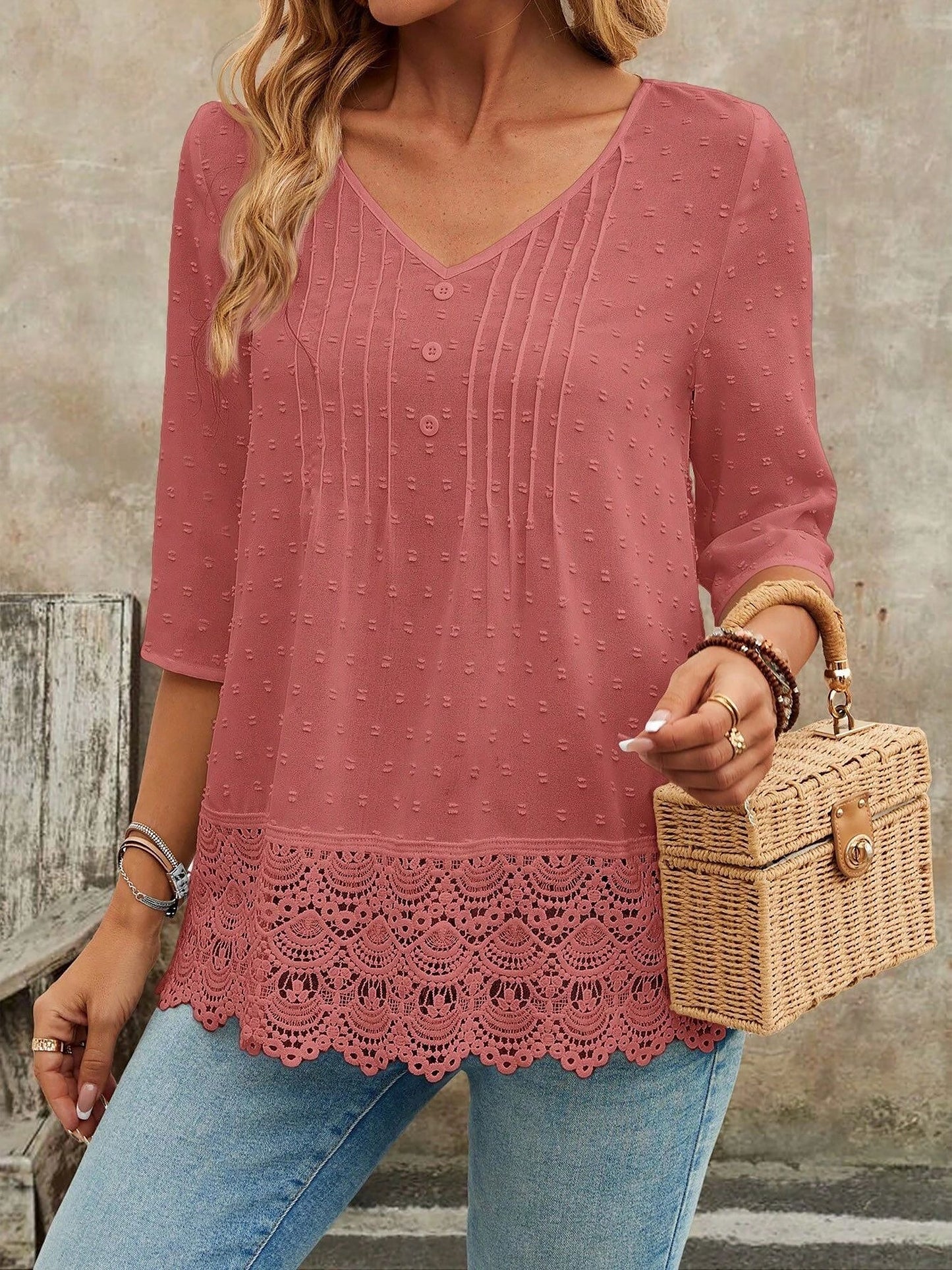 Swiss Dots Lace V Neck 3/4 Sleeves Pleated Blouse