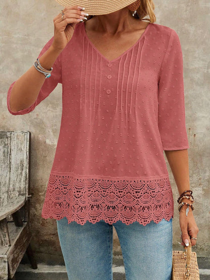 Swiss Dots Lace V Neck 3/4 Sleeves Pleated Blouse
