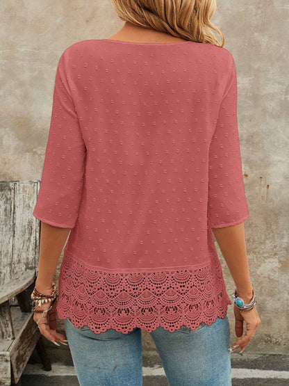 Swiss Dots Lace V Neck 3/4 Sleeves Pleated Blouse