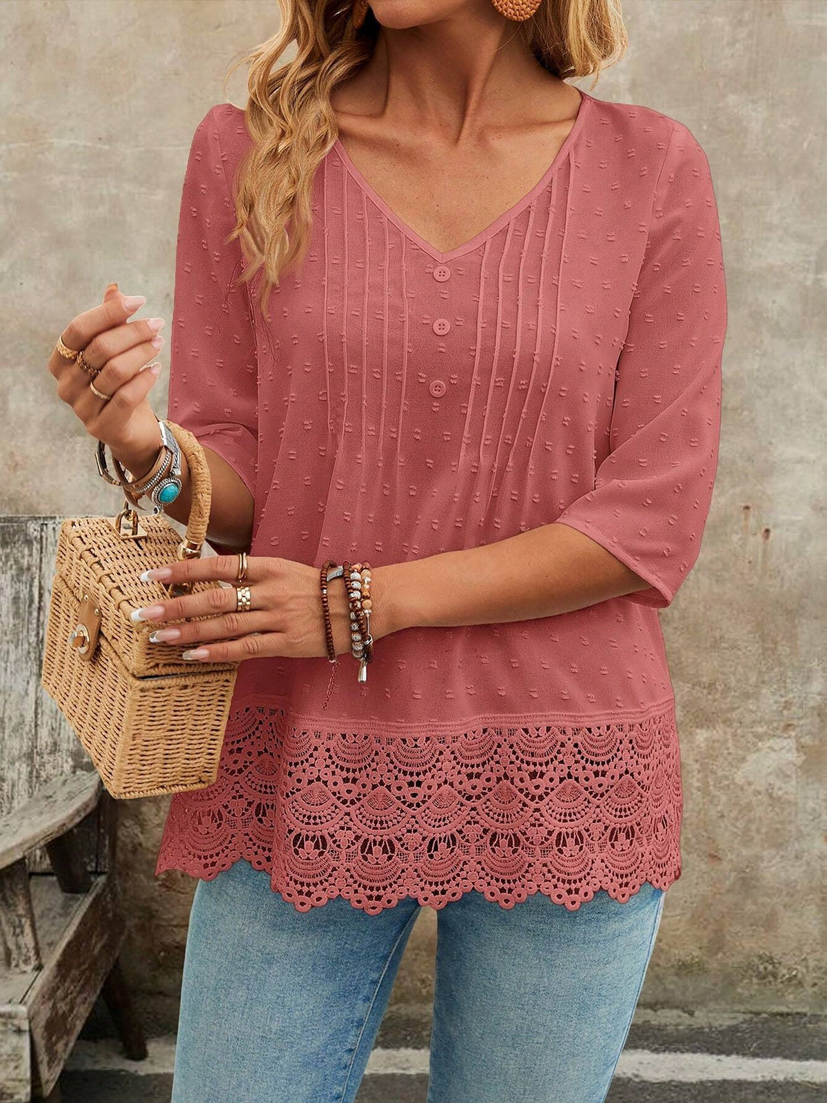 Swiss Dots Lace V Neck 3/4 Sleeves Pleated Blouse