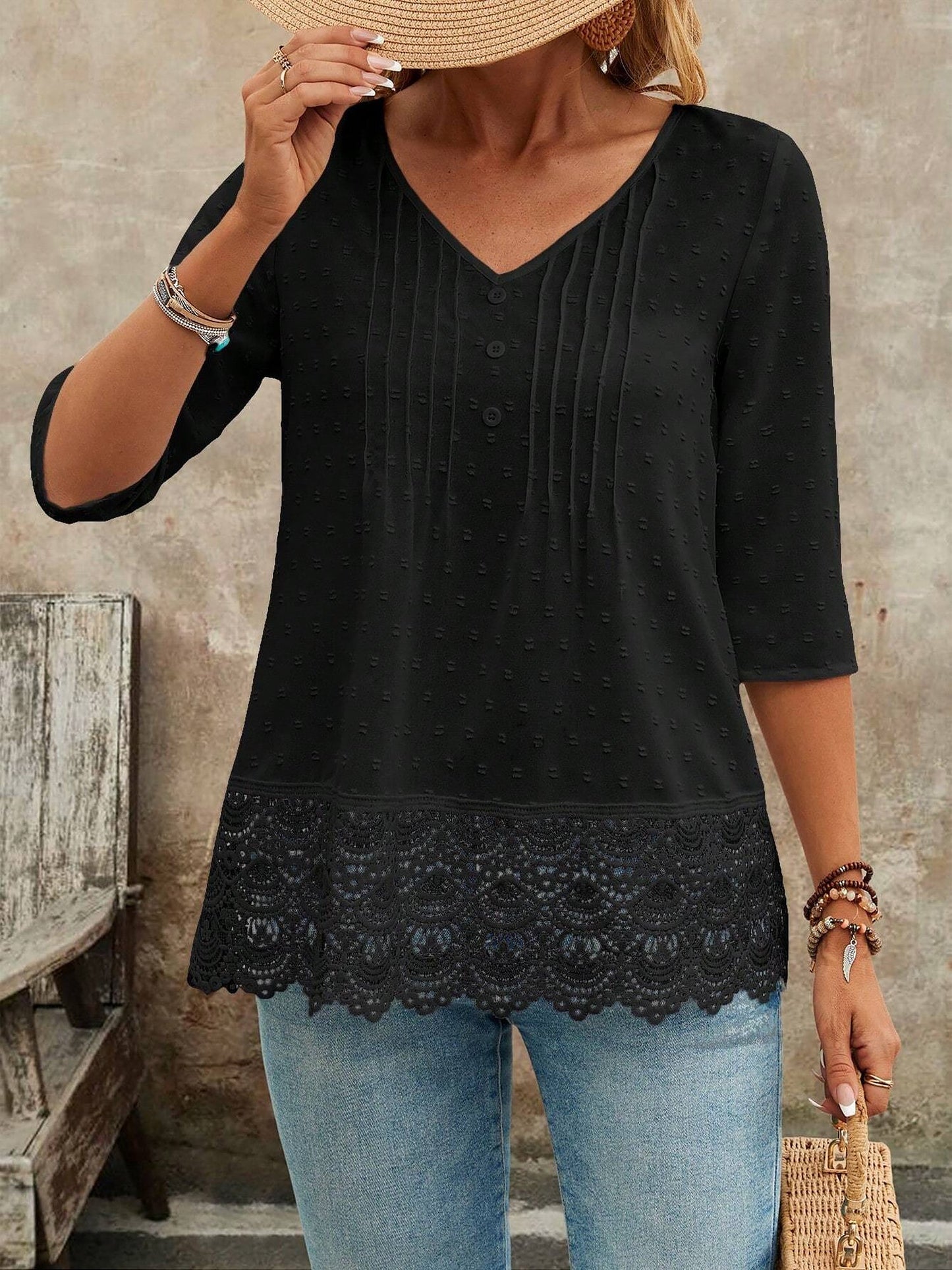 Swiss Dots Lace V Neck 3/4 Sleeves Pleated Blouse
