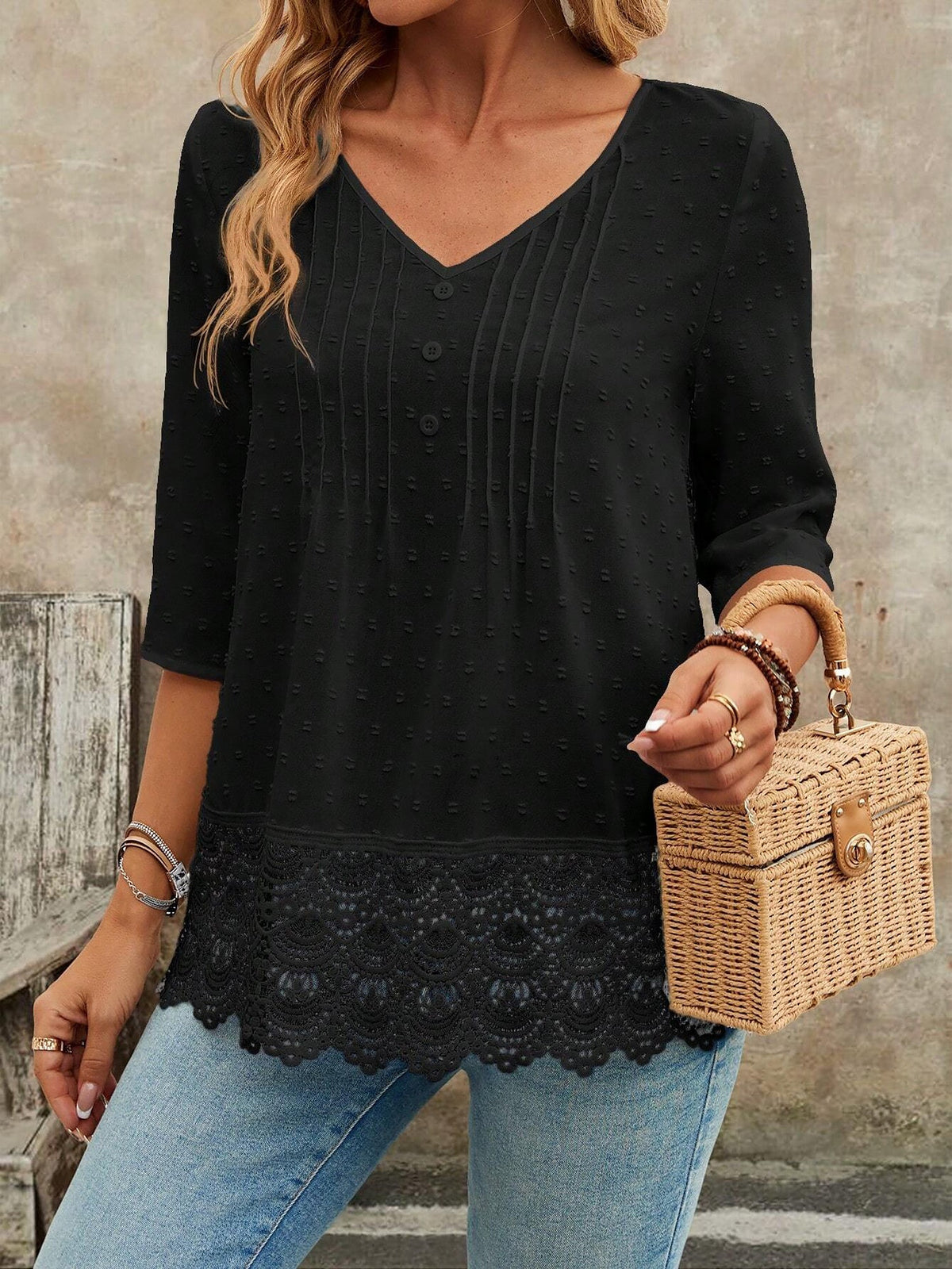 Swiss Dots Lace V Neck 3/4 Sleeves Pleated Blouse