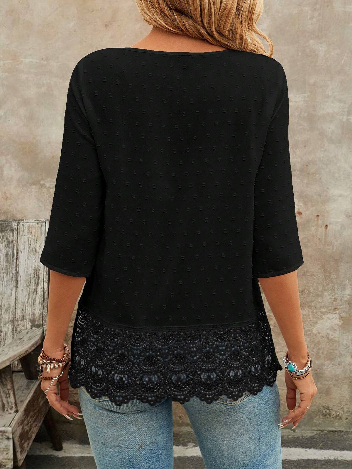 Swiss Dots Lace V Neck 3/4 Sleeves Pleated Blouse