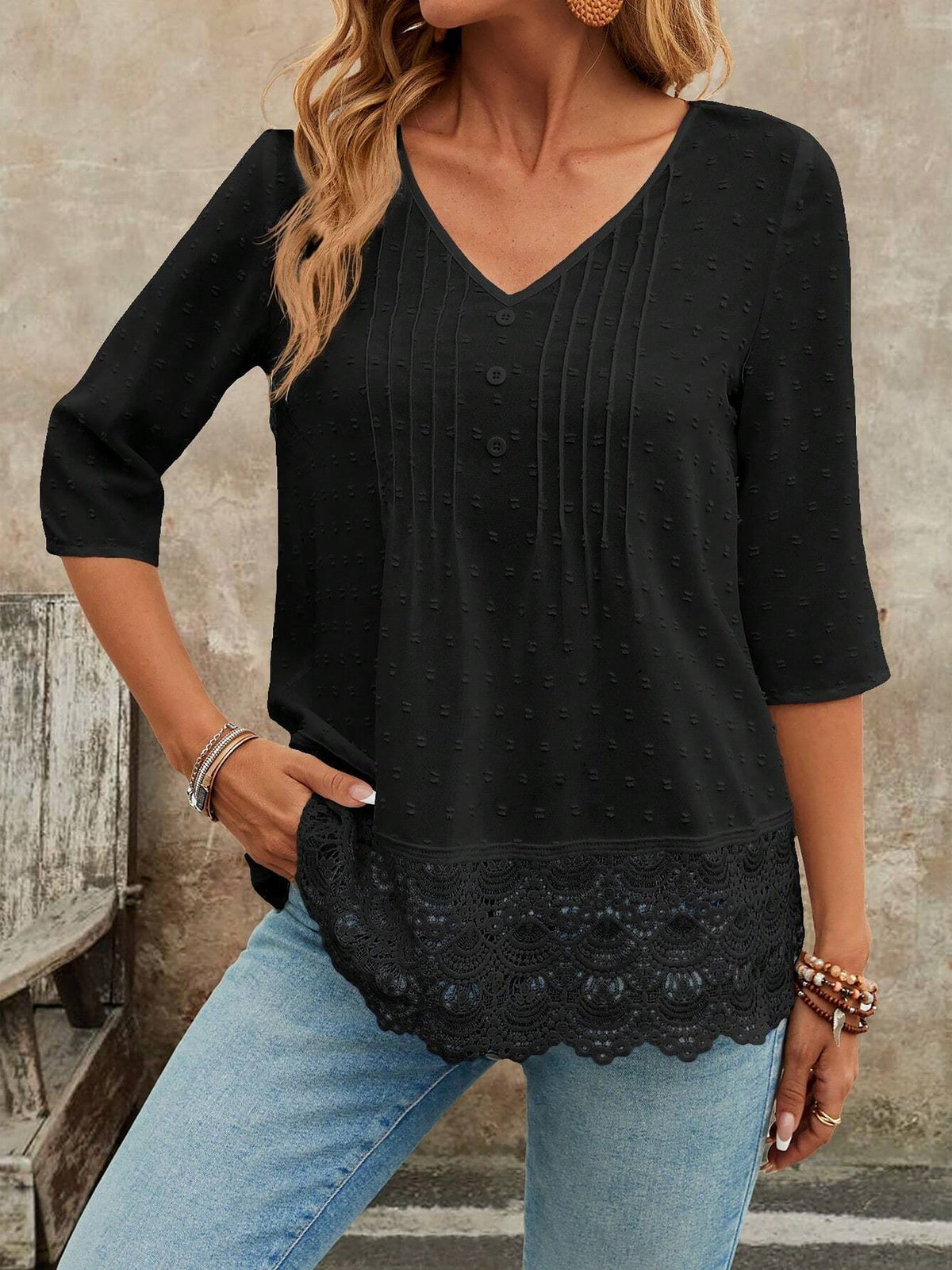 Swiss Dots Lace V Neck 3/4 Sleeves Pleated Blouse