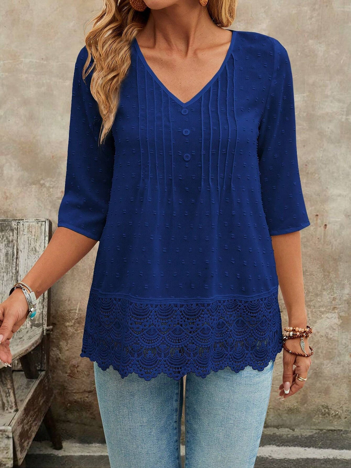Swiss Dots Lace V Neck 3/4 Sleeves Pleated Blouse