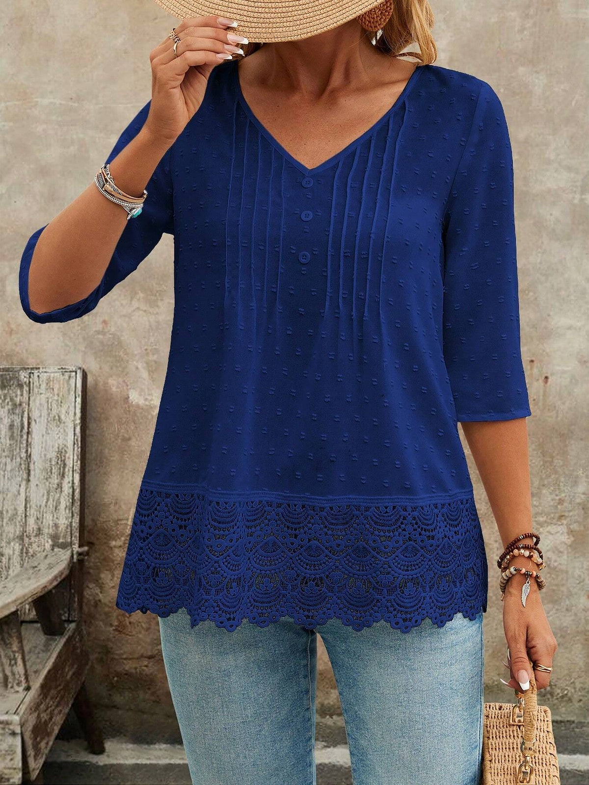 Swiss Dots Lace V Neck 3/4 Sleeves Pleated Blouse