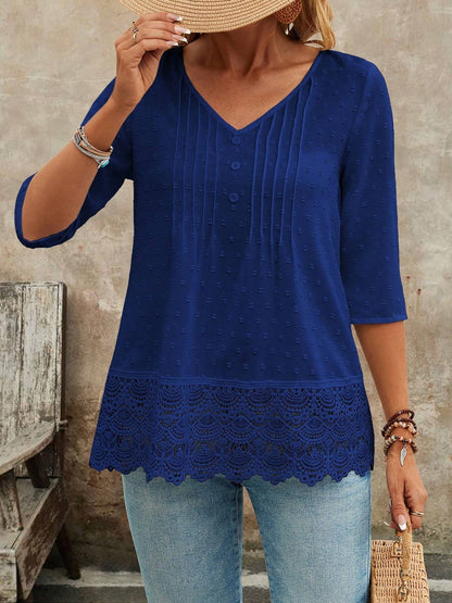 Swiss Dots Lace V Neck 3/4 Sleeves Pleated Blouse