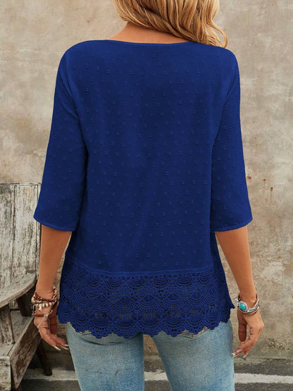 Swiss Dots Lace V Neck 3/4 Sleeves Pleated Blouse