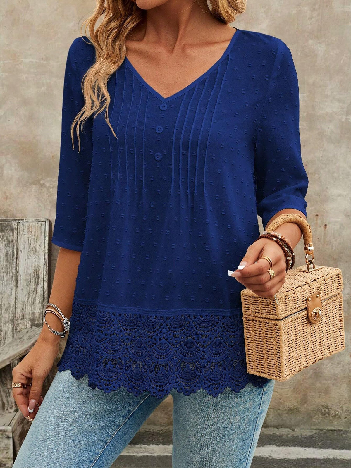 Swiss Dots Lace V Neck 3/4 Sleeves Pleated Blouse