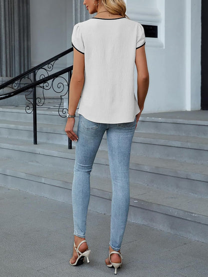 Colorblocked Notch Neck Petal Short Sleeves Top