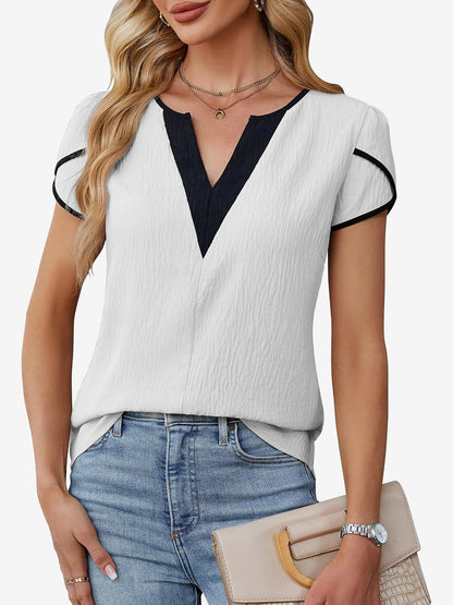 Colorblocked Notch Neck Petal Short Sleeves Top
