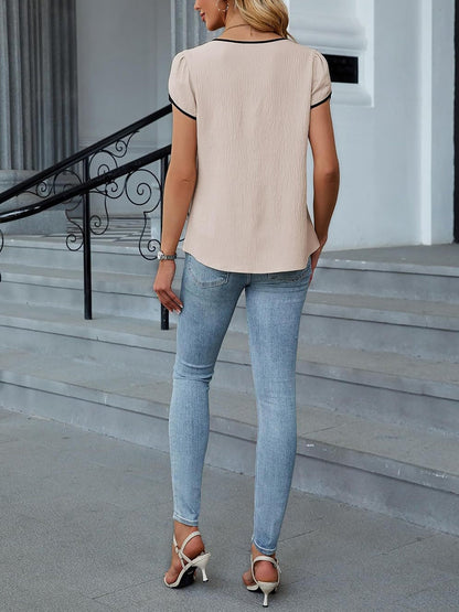 Colorblocked Notch Neck Petal Short Sleeves Top