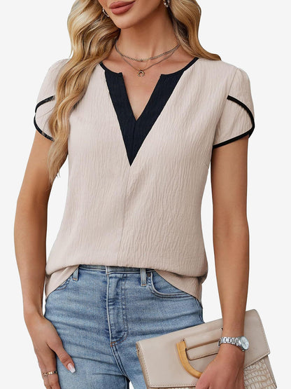 Colorblocked Notch Neck Petal Short Sleeves Top