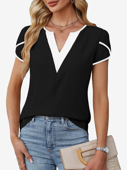 Colorblocked Notch Neck Petal Short Sleeves Top