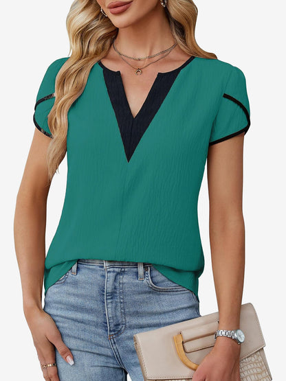 Colorblocked Notch Neck Petal Short Sleeves Top