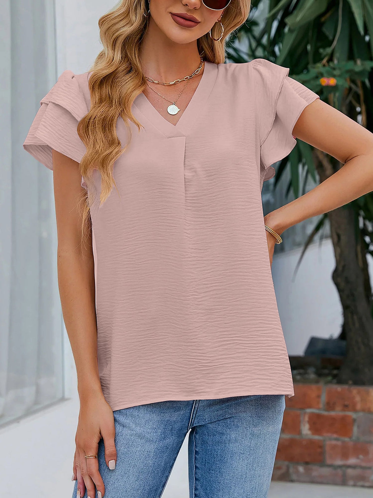 V Neck Chiffon Ruffled Short Sleeve Blouse