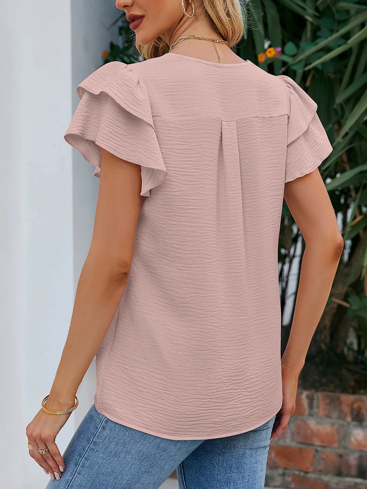 V Neck Chiffon Ruffled Short Sleeve Blouse