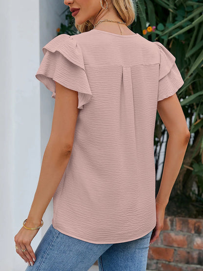 V Neck Chiffon Ruffled Short Sleeve Blouse