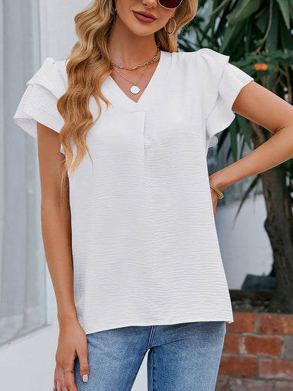 V Neck Chiffon Ruffled Short Sleeve Blouse