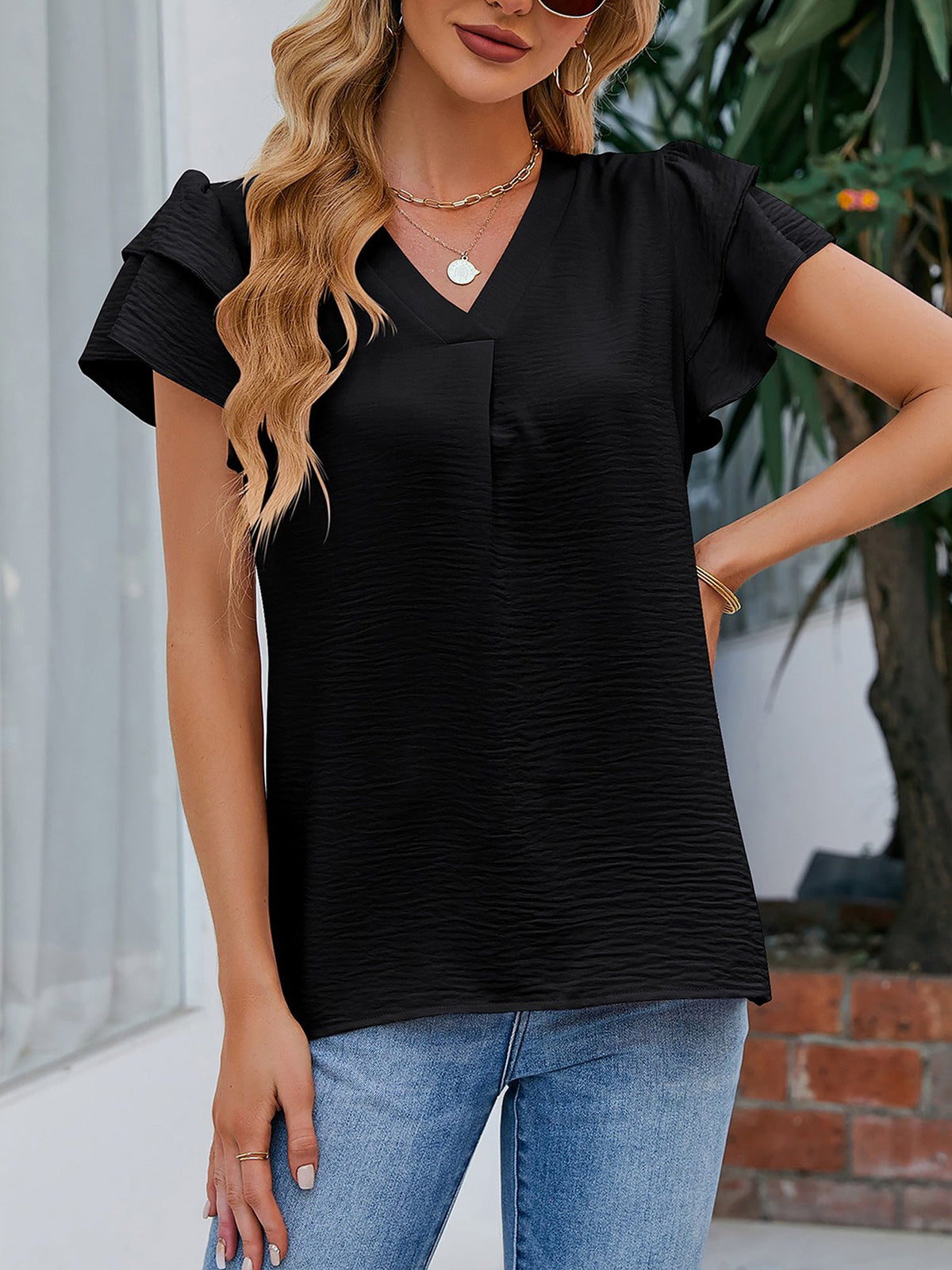 V Neck Chiffon Ruffled Short Sleeve Blouse