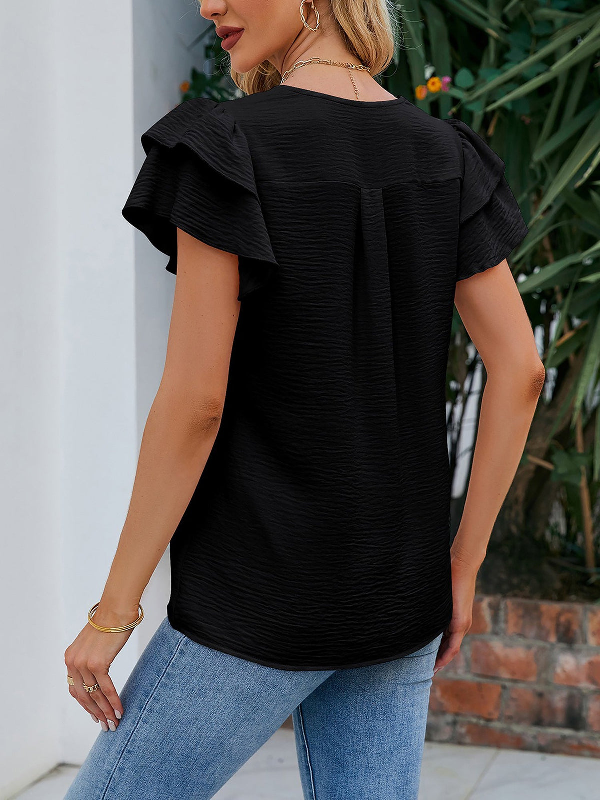 V Neck Chiffon Ruffled Short Sleeve Blouse
