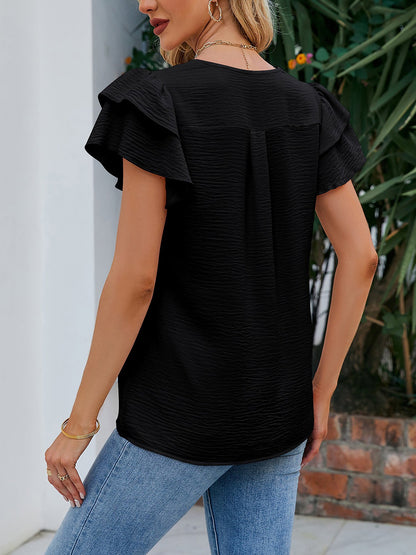 V Neck Chiffon Ruffled Short Sleeve Blouse