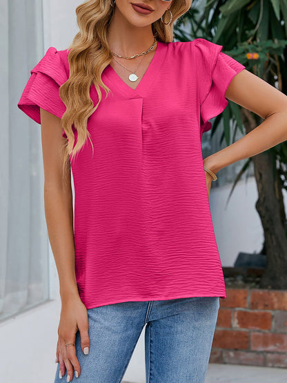 V Neck Chiffon Ruffled Short Sleeve Blouse