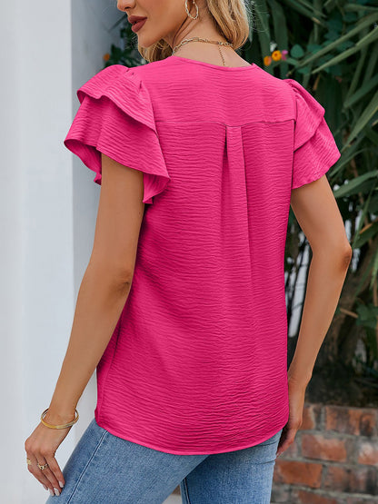 V Neck Chiffon Ruffled Short Sleeve Blouse