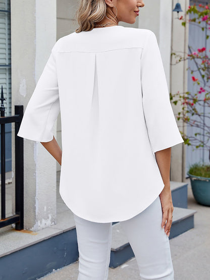 Chiffon 3/4 Sleeve V Neck Ruffle Loose Fit Blouse