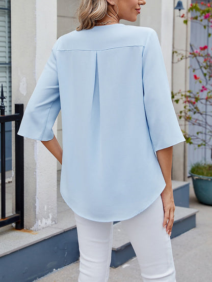 Chiffon 3/4 Sleeve V Neck Ruffle Loose Fit Blouse