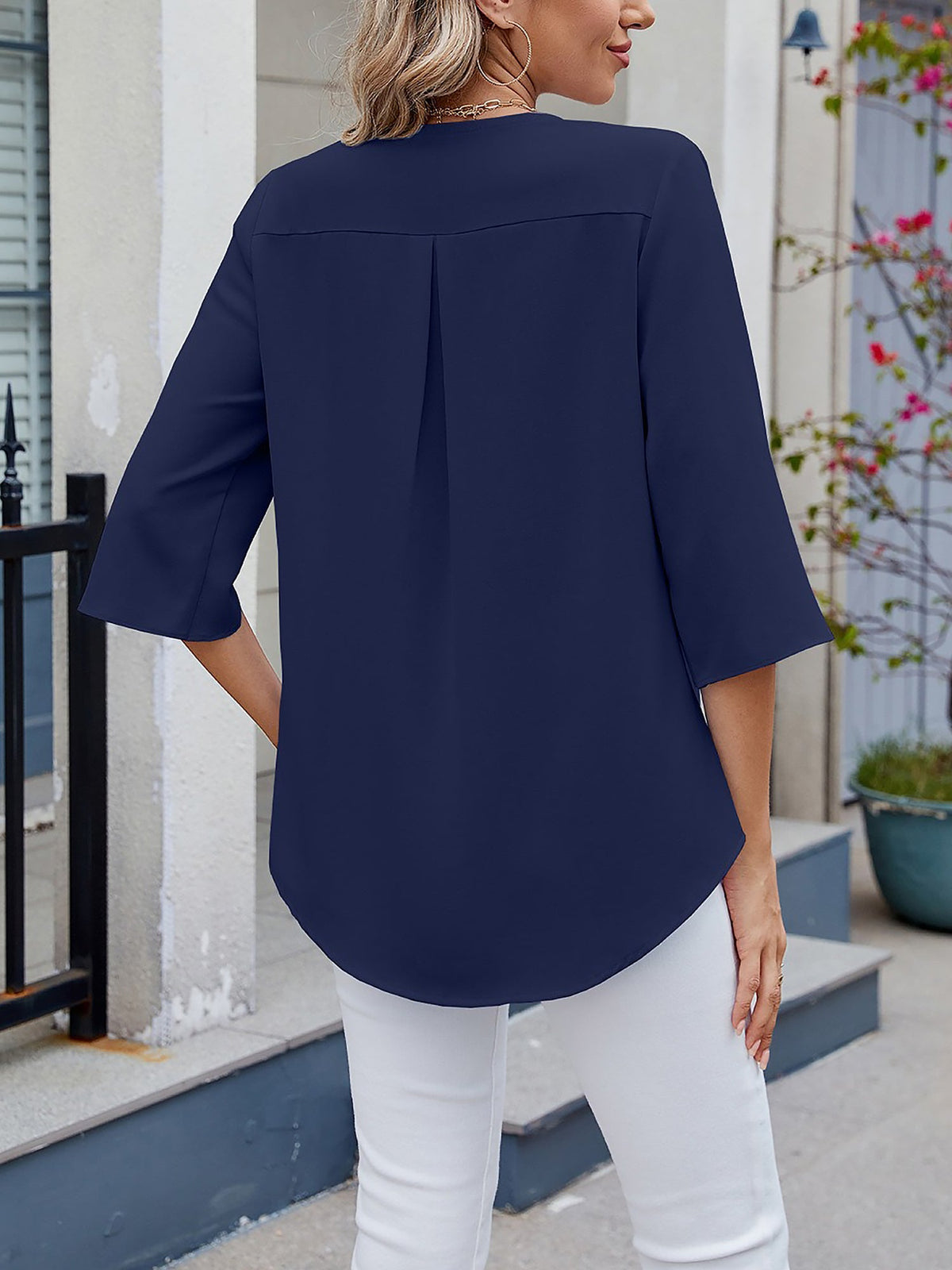 Chiffon 3/4 Sleeve V Neck Ruffle Loose Fit Blouse