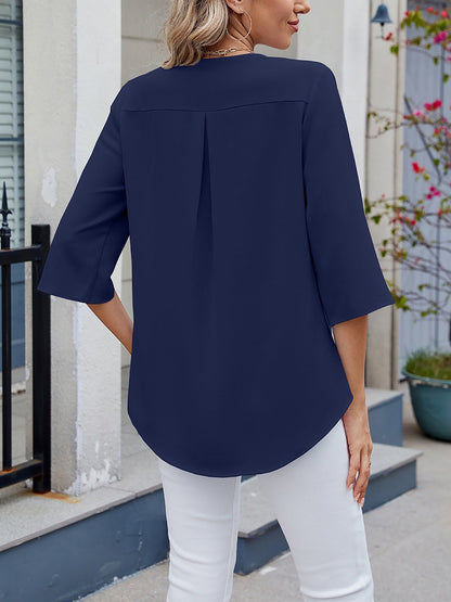 Chiffon 3/4 Sleeve V Neck Ruffle Loose Fit Blouse