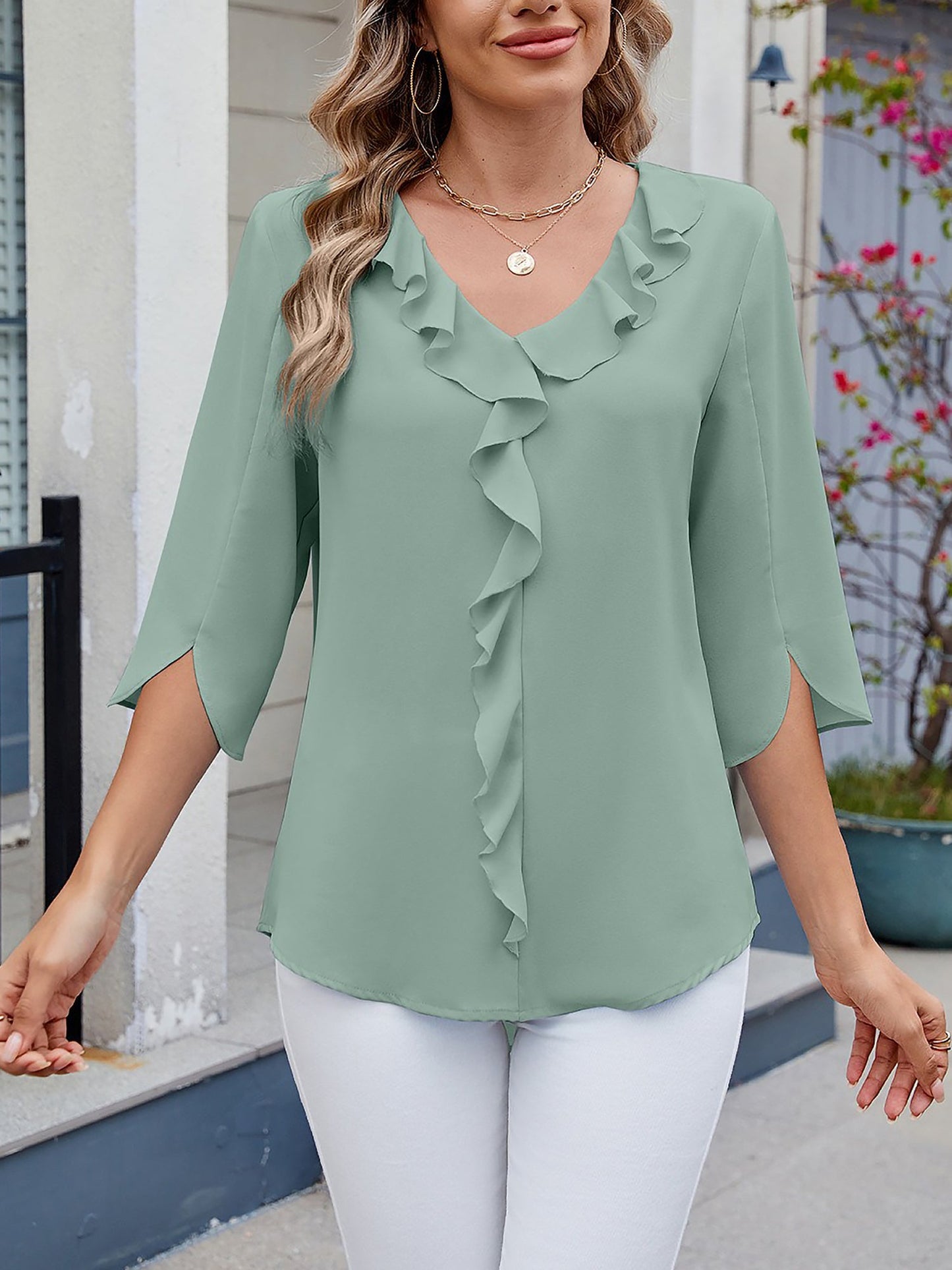 Chiffon 3/4 Sleeve V Neck Ruffle Loose Fit Blouse