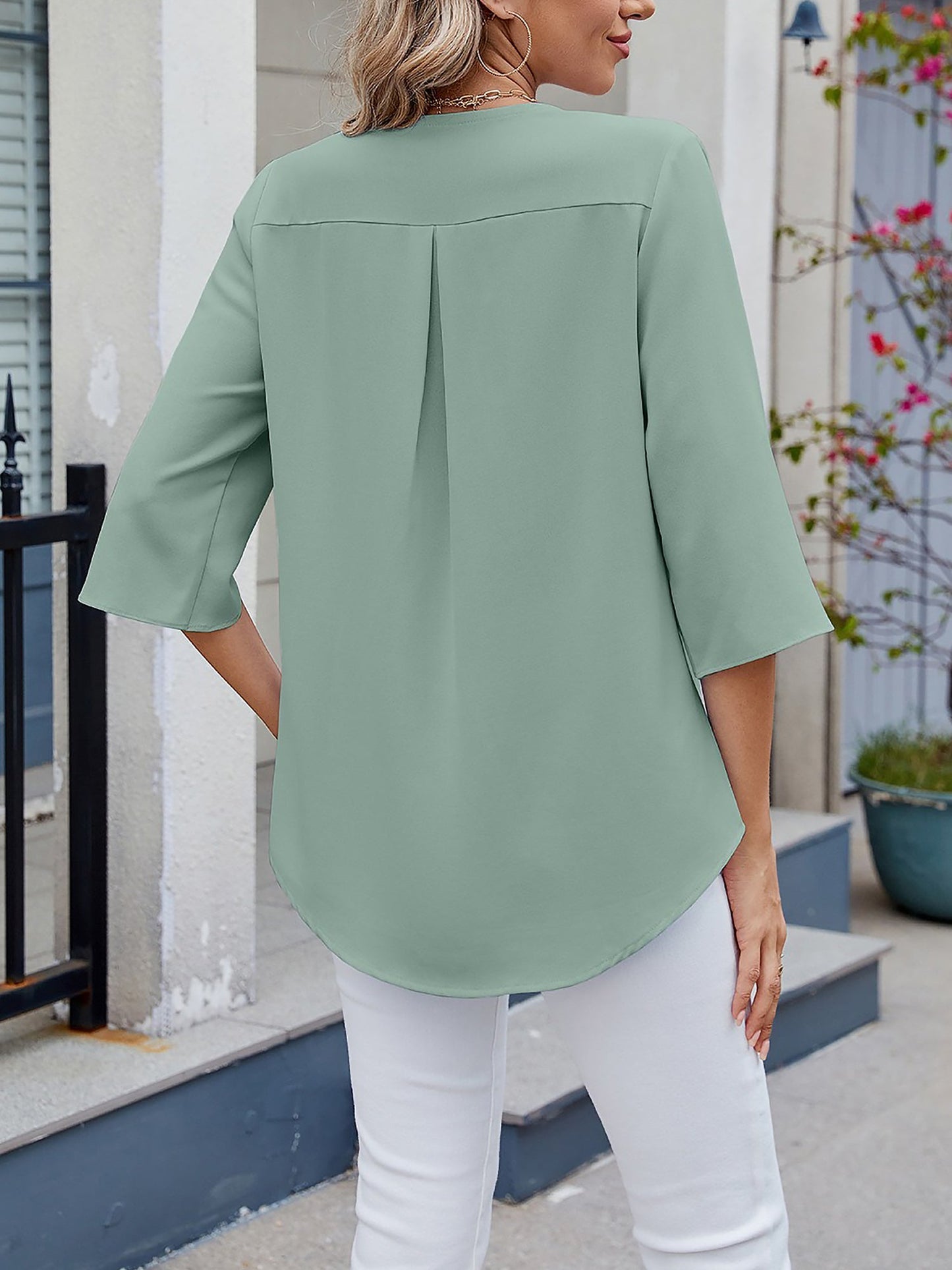 Chiffon 3/4 Sleeve V Neck Ruffle Loose Fit Blouse
