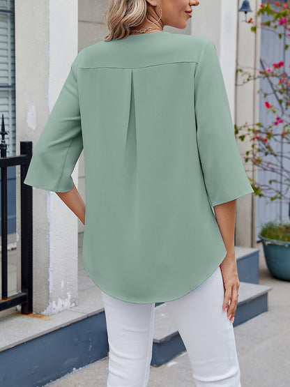 Chiffon 3/4 Sleeve V Neck Ruffle Loose Fit Blouse