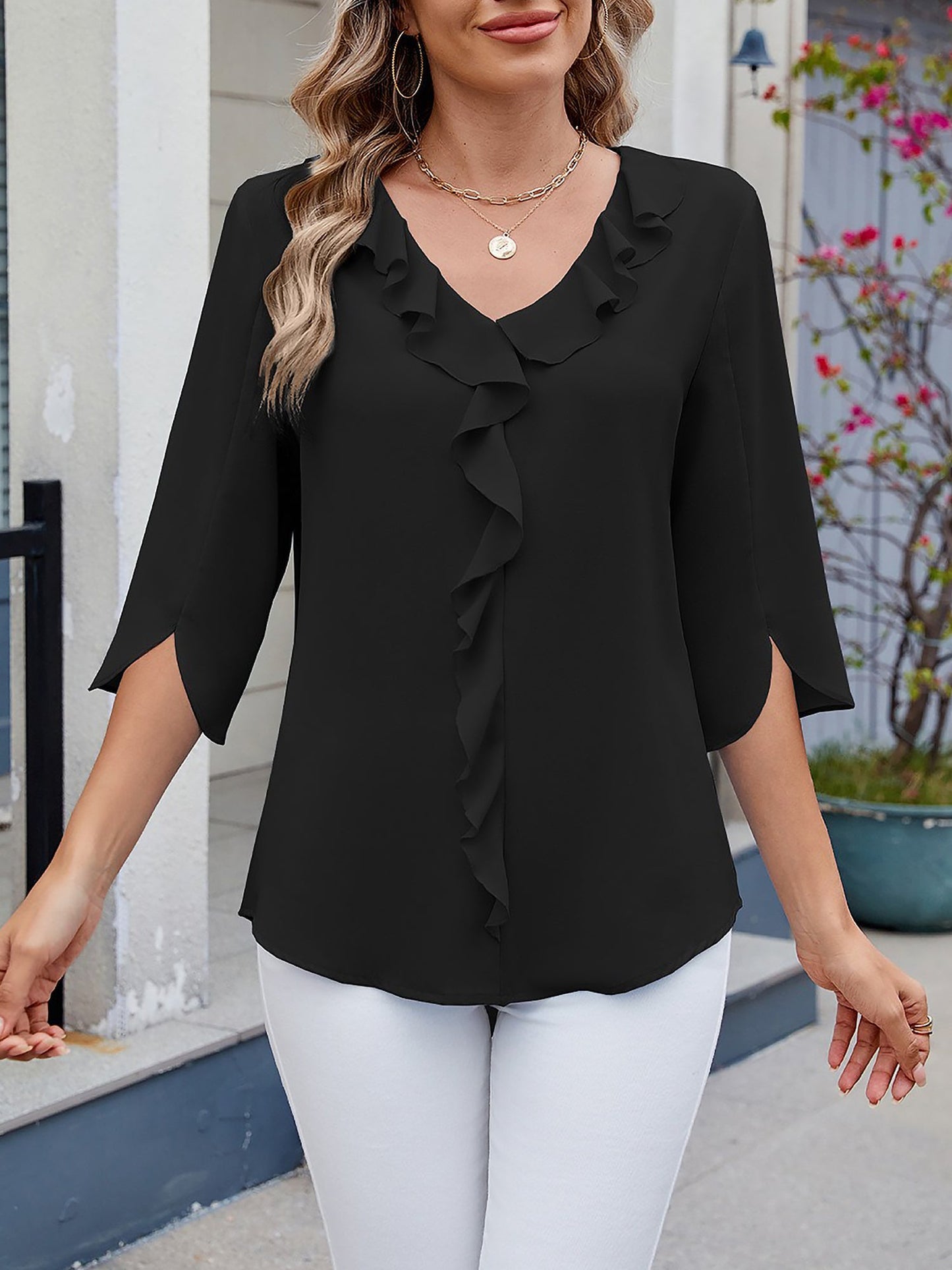 Chiffon 3/4 Sleeve V Neck Ruffle Loose Fit Blouse