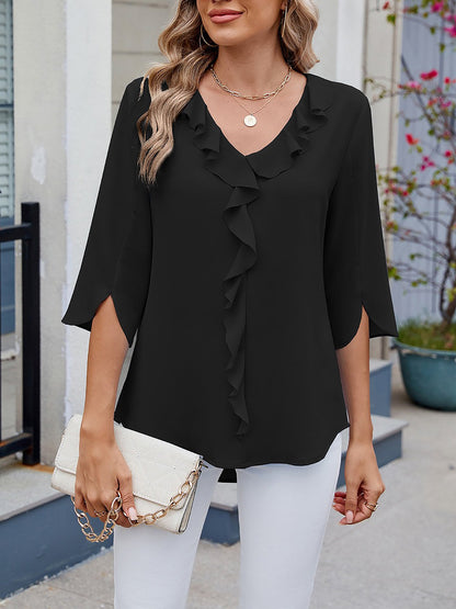 Chiffon 3/4 Sleeve V Neck Ruffle Loose Fit Blouse