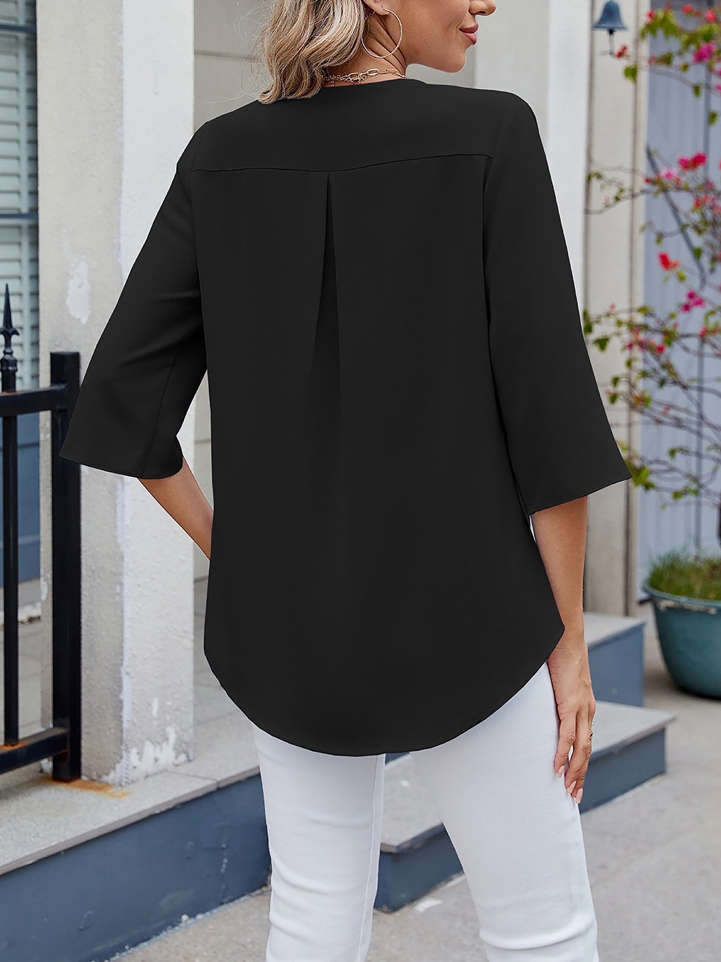 Chiffon 3/4 Sleeve V Neck Ruffle Loose Fit Blouse