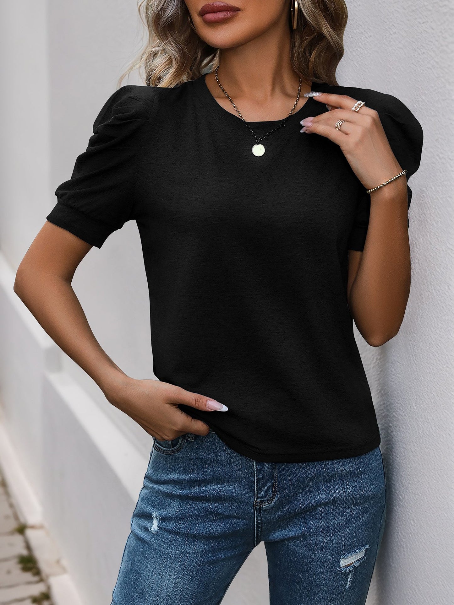Solid Color Round Neck Ruched Puff Sleeve Blouse